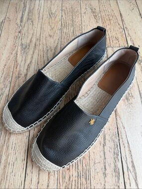 NWOB Ralph Lauren Black Leather Espadrille Slip-Ons with Gold Logo 9